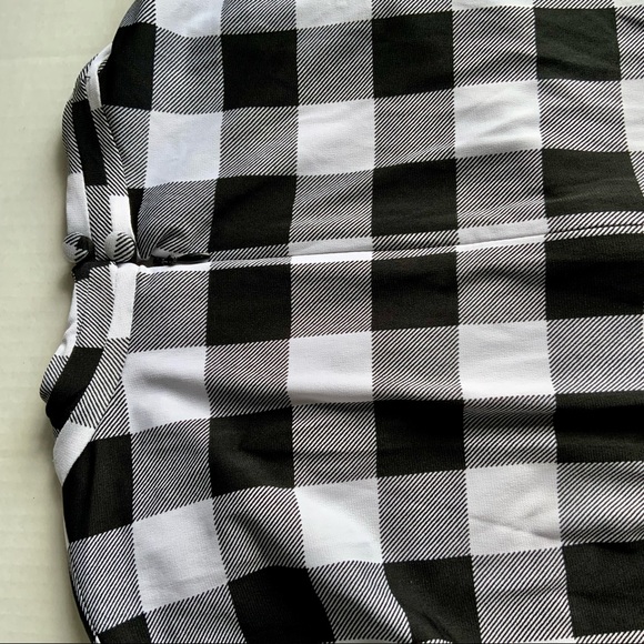 LESLIE FAY Black & White Gingham, Faux Wrap MIDI, A-Line Dress, 3/4 Sleeves - Picture 7 of 7